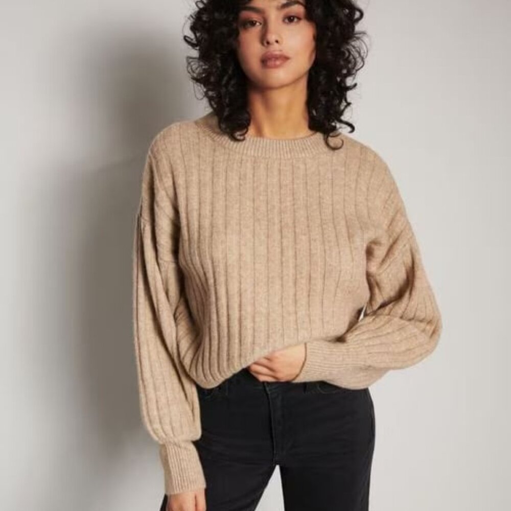 New POOF APPAREL Cropped Ribbed Crewneck Sweater Jumper Balloon Sleeves Beige S